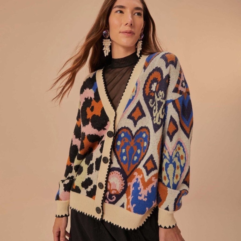 FARM Rio Mixed Ikat Hearts Knit Cardigan Cream Brown Black XS